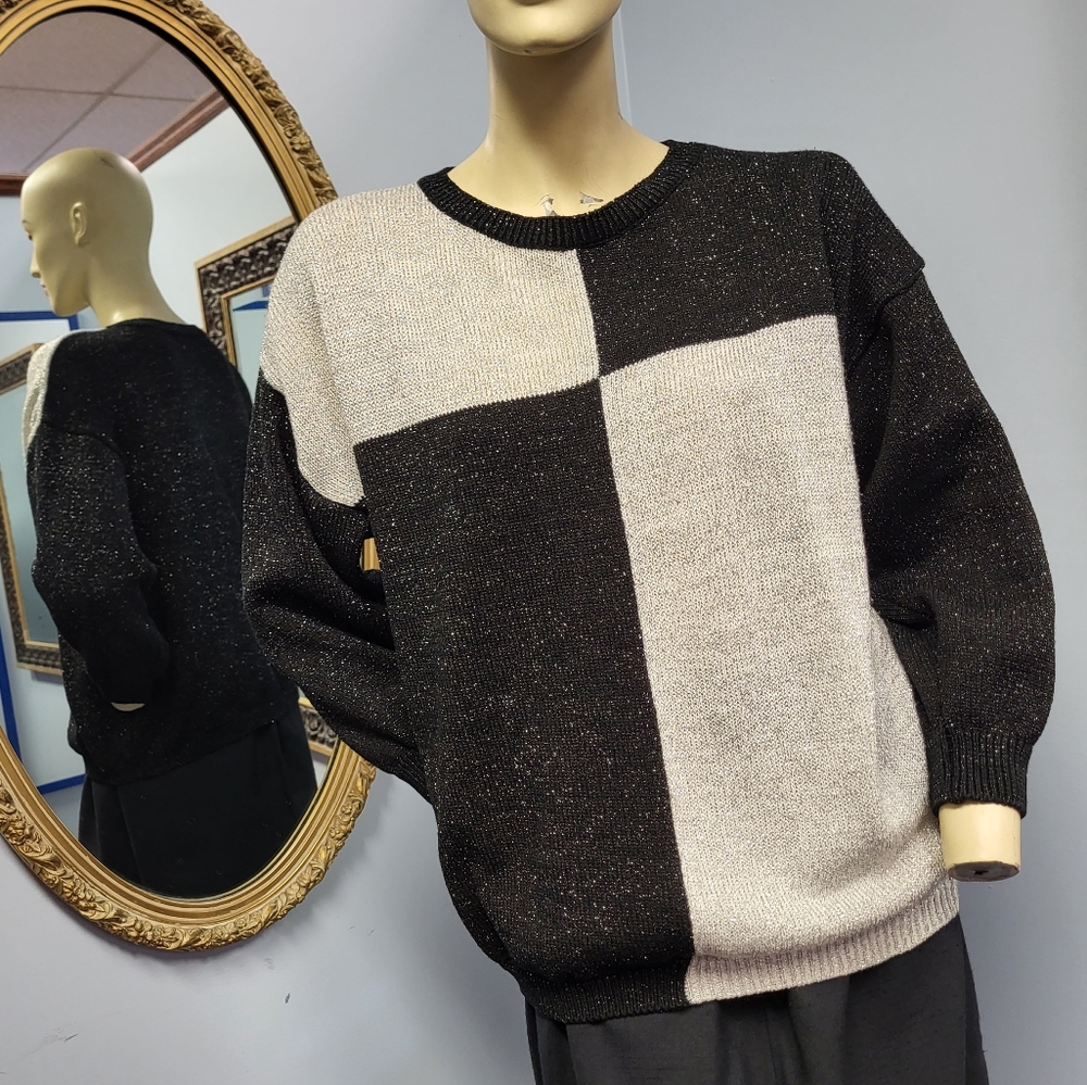 VINTAGE Metallic sweater glitter black white color block S vtg grunge punk Y2K